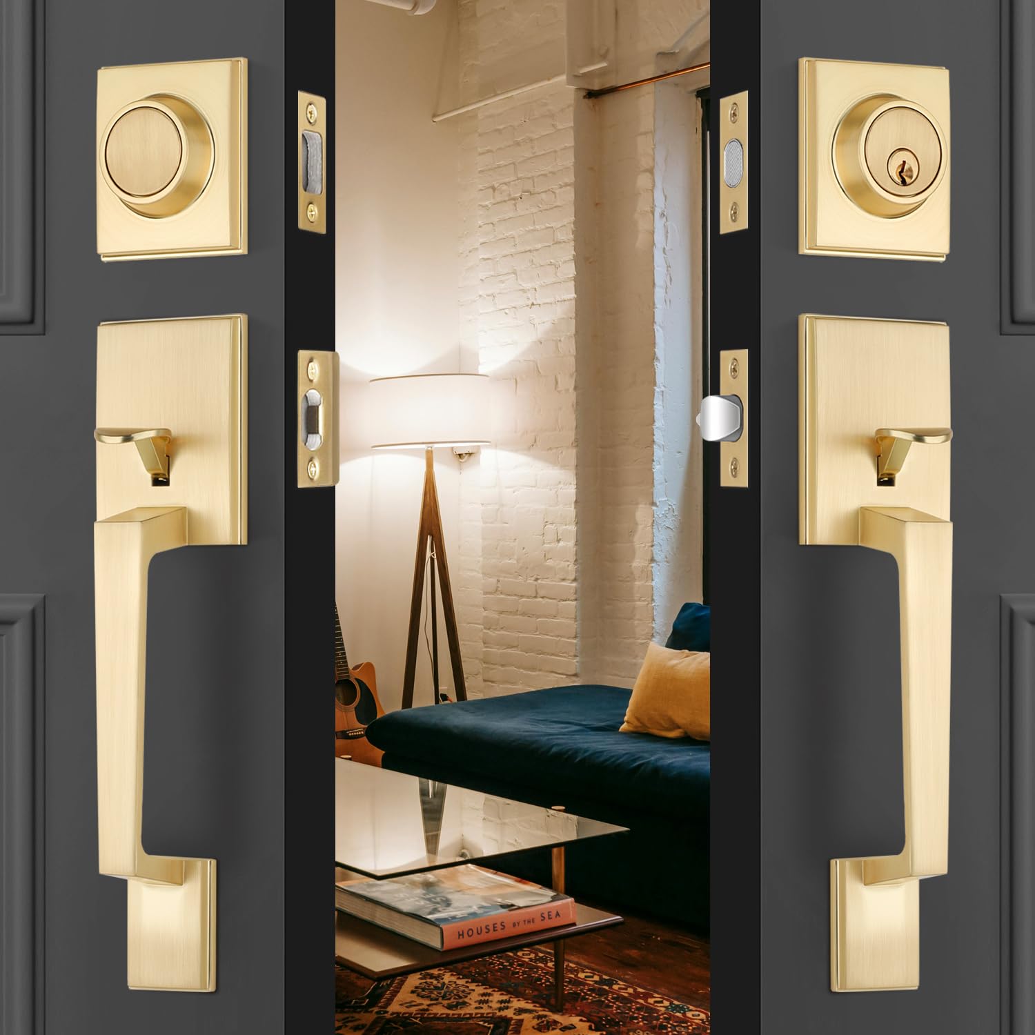 LIVRE D-1 ハンドル 2個セット ブラック/ゴールド Gold Double Door Handle Set, Front Door Lock Set with Deadbolt